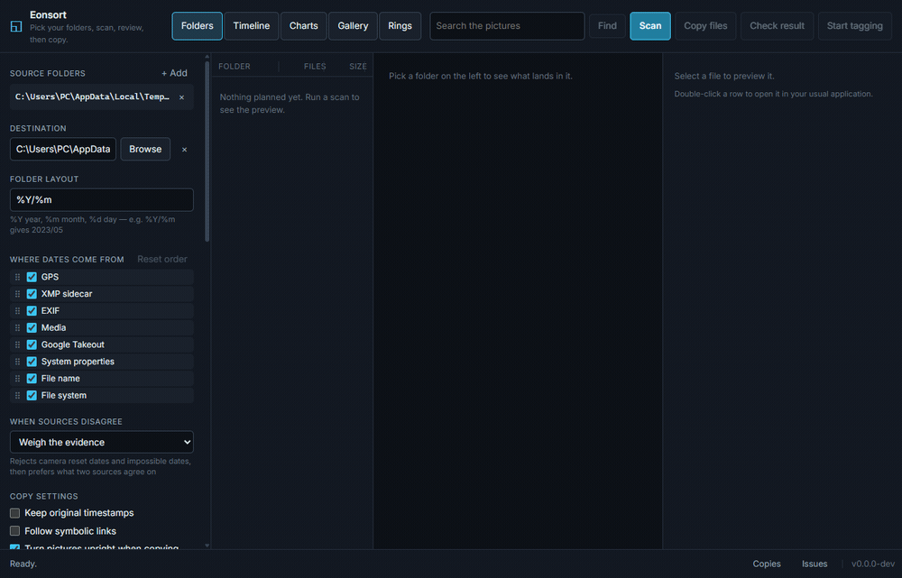 The eonsort desktop app scanning a folder of photographs: the planned tree fills in, a picture opens beside the date each source reports for it, then the charts and the timeline